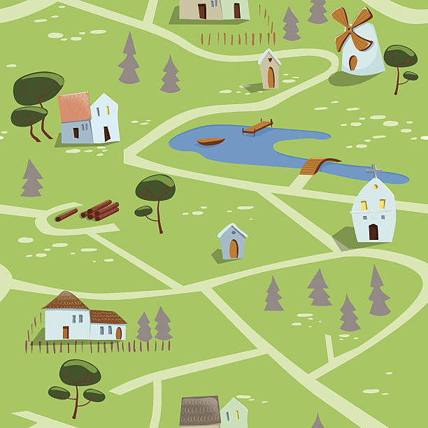 Seamless Pattern Of A Small Village In Summer Stock Illustration - Download  Image Now - Map, Rural Scene, Residential District - iStock