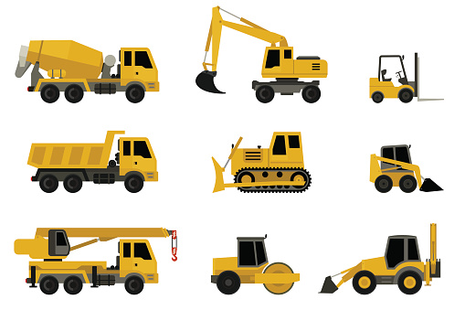 Construction machines in flat style. Vector icons of building machinery.