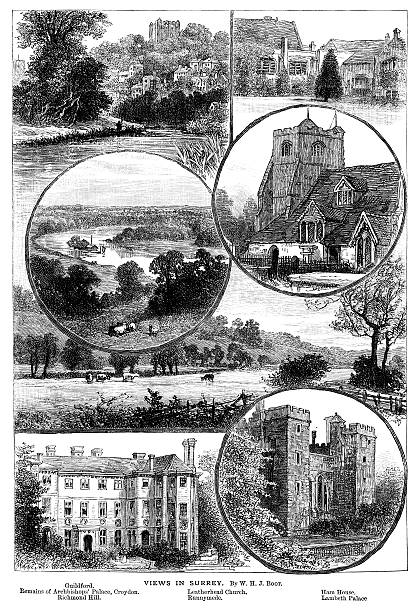 ilustraciones, imágenes clip art, dibujos animados e iconos de stock de vista en surrey, inglaterra - surrey