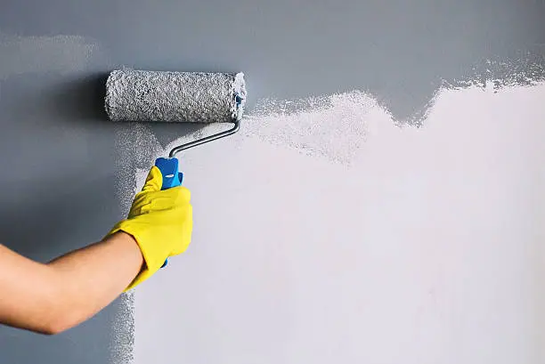 Hand in yellow glove painting wall in gray color with a roller brush.