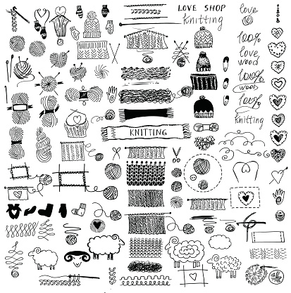 Hand drawn vector  illustration. Set of knitting and crafts.Knit and Crochet. Hand drawn vector  illustration. Set of knitting and crafts.Knit and Crochet. Hat and Snood, mittens and socks.
