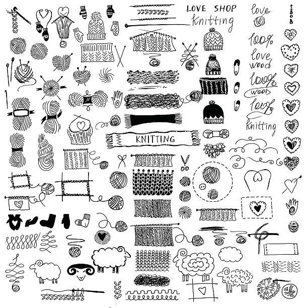 Set of knitting and crafts. Hand drawn vector  illustration. Set of knitting and crafts.Knit and Crochet. Hand drawn vector  illustration. Set of knitting and crafts.Knit and Crochet. Hat and Snood, mittens and socks. knitting needle stock illustrations