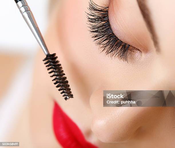 Woman Eye With Beautiful Makeup And Long Eyelashes Mascara Brus Stock Photo - Download Image Now
