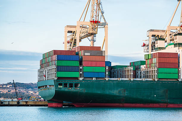 istock Cargo ship moored at container terminal in port 503460906