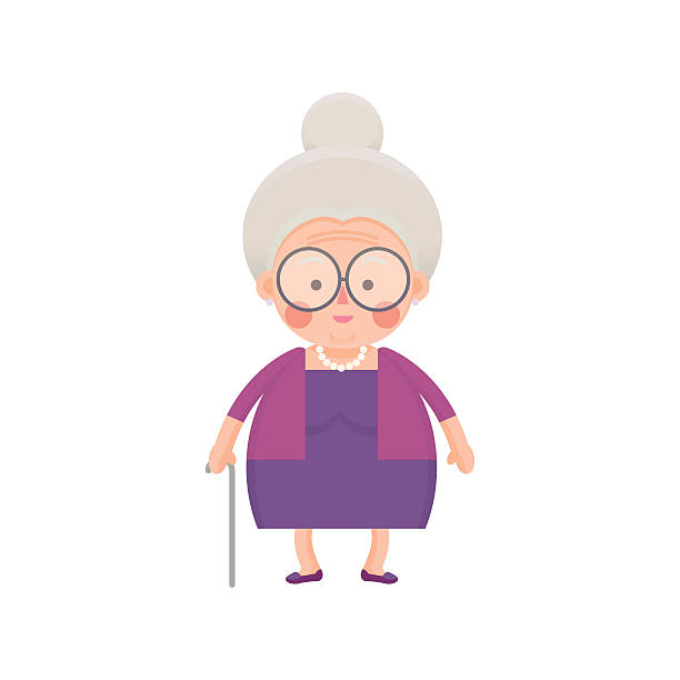 ilustraciones, imágenes clip art, dibujos animados e iconos de stock de old lady en vestido morado con pasos de memoria - senior women cheerful overweight smiling