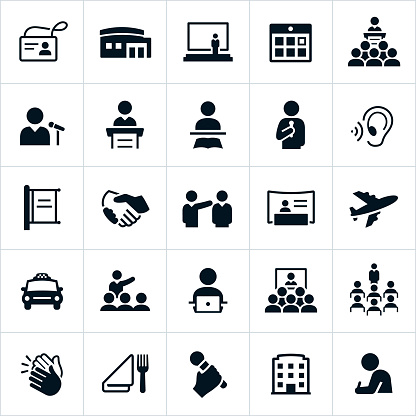 Convention icons that include presenters, audience members, business people, learning, convention center, meetings among others. The icons represent common business conventions and symbols associated with them.