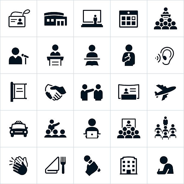 Business Convention Icons Convention icons that include presenters, audience members, business people, learning, convention center, meetings among others. The icons represent common business conventions and symbols associated with them. presenter stock illustrations