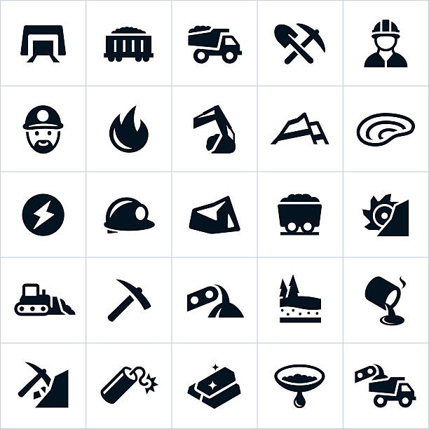 Mining Icons Icons related to the mining industry, specifically the coal and gold mining industries. The icons include a mine, coal, equipment, miner, heavy machinery, energy, hard hat and gold to name a few. natural phenomenon stock illustrations