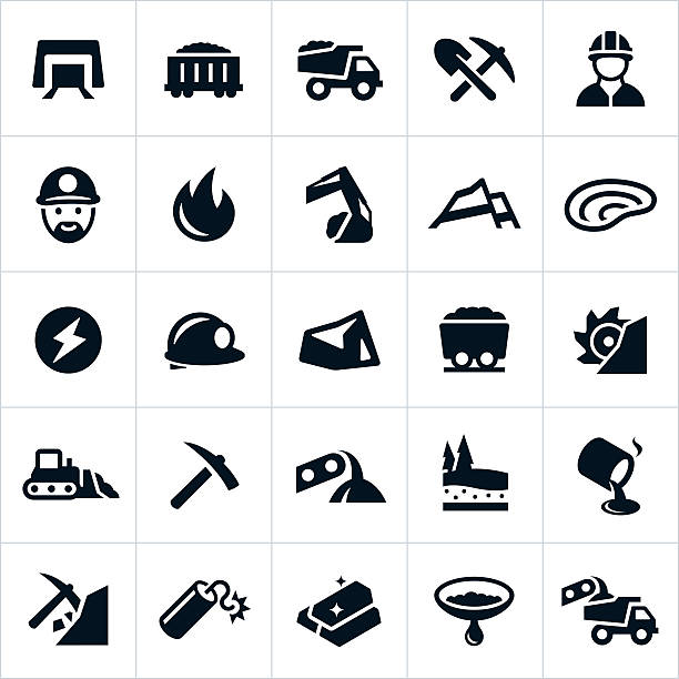 Mining Icons Icons related to the mining industry, specifically the coal and gold mining industries. The icons include a mine, coal, equipment, miner, heavy machinery, energy, hard hat and gold to name a few. gold mining panning stock illustrations