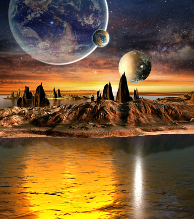 Alien planet with mountains, sea and planets on background. 3D Rendered Computer Artwork. Elements of this image furnished by NASA
