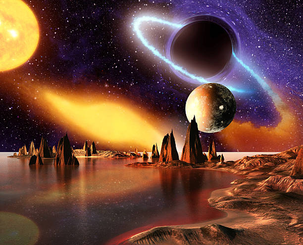 istock Alien planet with mountains, sea and planets on background 503466336