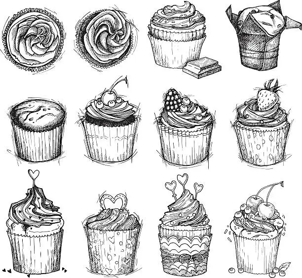 Vector illustration of Hand-drawn vector illustration - Sweet cupcakes. Line art.