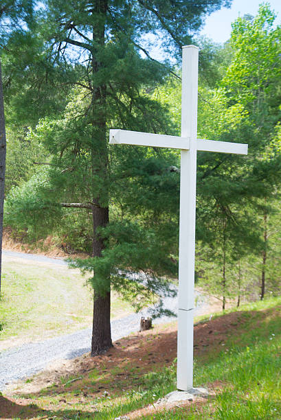 istock Painted white cross sits on a bank surrounded with trees. 503485428