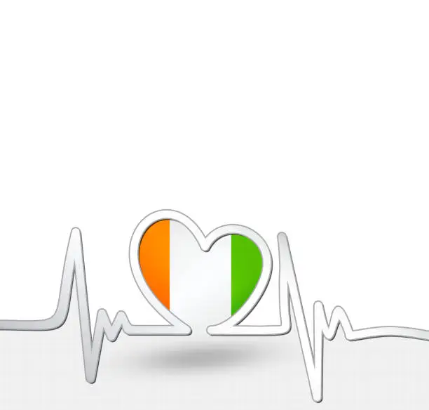 Vector illustration of Cote D'ivoire flag heart and heartbeat line