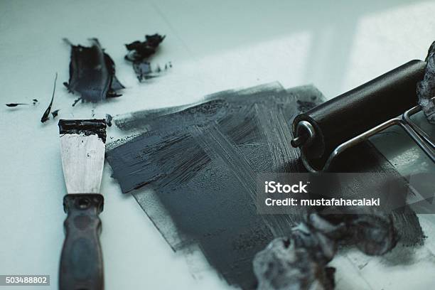 Black Printmaking Ink With Roller And Spatula Stock Photo - Download Image  Now - Lithograph, Work Tool, Abstract - iStock