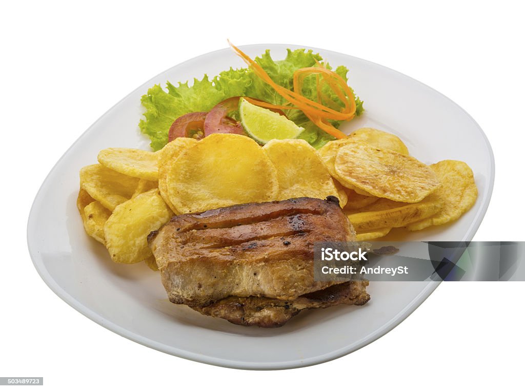 Grilled pork with potato Grilled pork with potato chips Appetizer Stock Photo