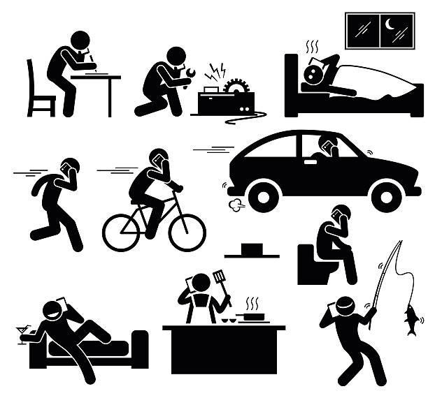 Talking on Cellphone Phone While Doing Something A set pictogram representing people talking on phone while writing on a paper, fixing a machinery, sleeping on bed, running, cycling, driving a car, relaxing on couch, cooking at kitchen, and fishing. woman driving car night stock illustrations
