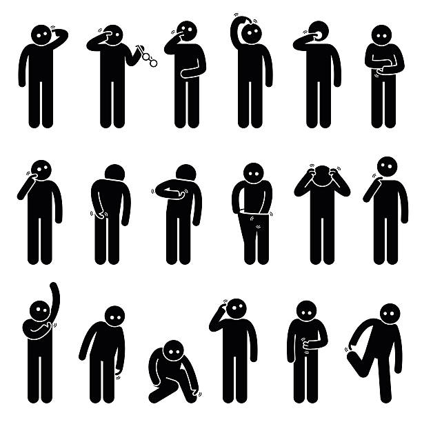 Man Scratching Different Parts of the Body A set pictogram representing man scratching different parts of the body which includes the ears, eyes, nose, hair, mouth, hand, arms, face, buttock, back, private parts, head, neck, armpit, leg, feet, tummy, and heel. back scratch stock illustrations
