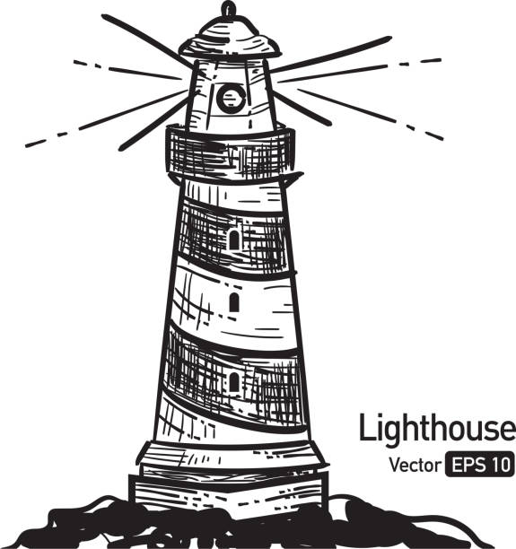 Royalty free lighthouse icon sketchy on white background Royalty free lighthouse badge design icon. Financial,light,guidance,shedding light on,spotlight, business. Black and white infographic icon for website or online interface usage. Can be used as web button symbol. Simple and text based design. Fully editable and  easy to edit vector illustration layers. Includes sample text design and shadow below. lighthouse drawings stock illustrations