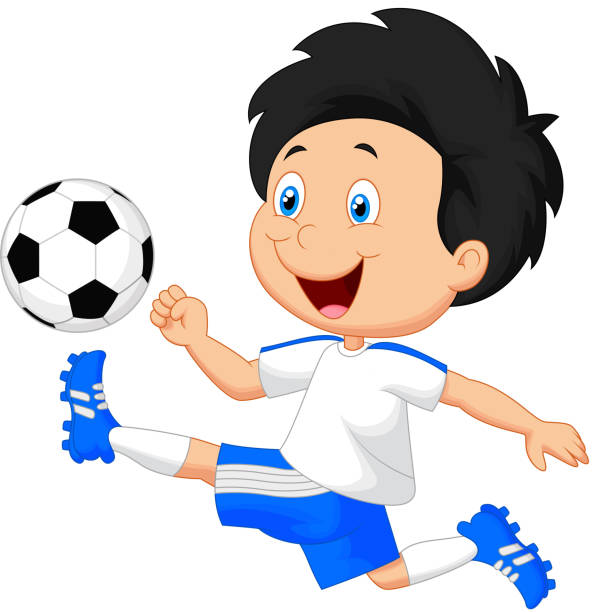 kreskówka, chłopiec gra piłka nożna - soccer action child purple stock illustrations