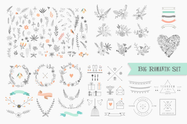 ilustrações, clipart, desenhos animados e ícones de vintage floral elementos. conjunto de flores, ícones e elementos decorativos. - tree bird flower pattern