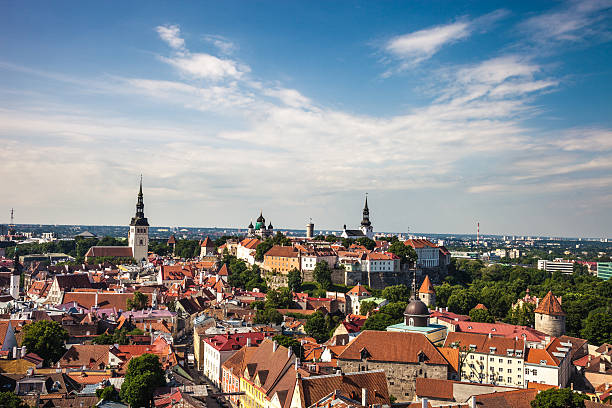 Tallinn aerial Old Town cityscape Tallinn aerial Old Town cityscape, Estonia. town wall tallinn stock pictures, royalty-free photos & images