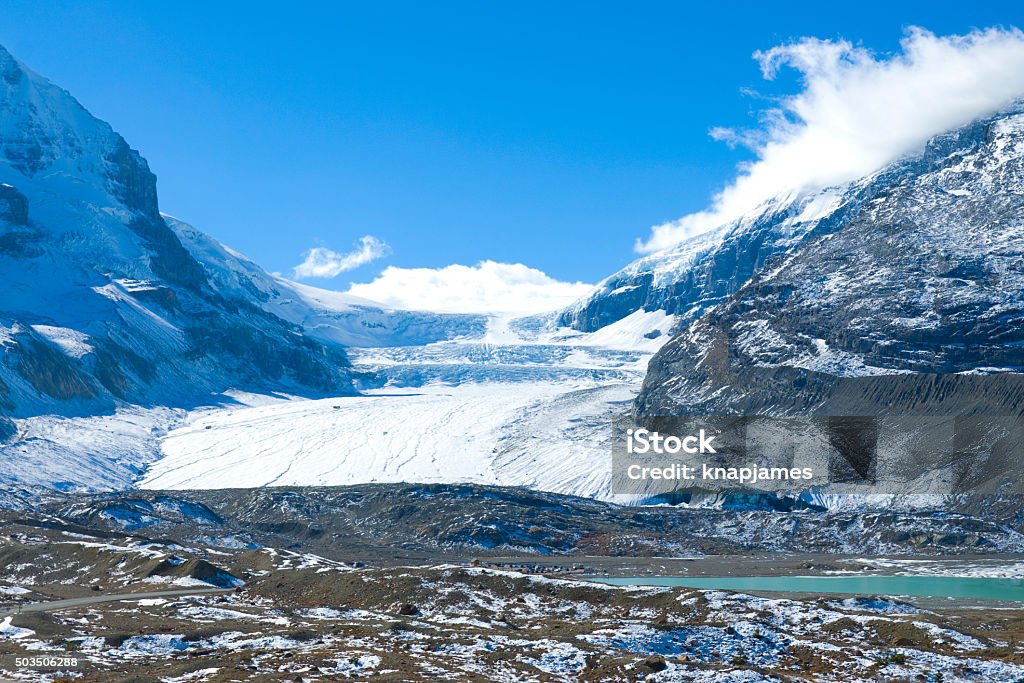 Athabasca glacier Columbia Icefields, Canada View of mountains and the icefields along the Icefield Highway in Jasper National Park, Alberta. Athabasca Glacier Stock Photo