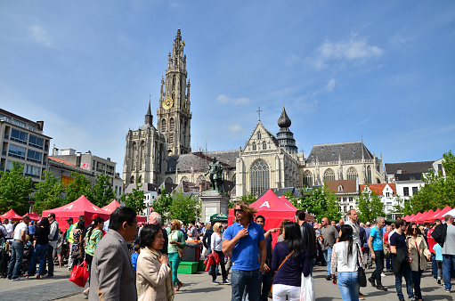 Antwerp, Belgium - May 10, 2015: Tourist visit Thailand Festival at Groenplaats, the Central Square of Antwerp, Belgium, with the Statue of Rubens and Cathedral of Our Lady. on May 10, 2015.