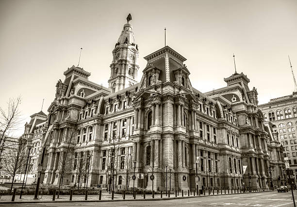 Philadelphia, Pa. USA. Jan.2nd, 2016: Philadelphia city hall with Christmas decoration in black and white.