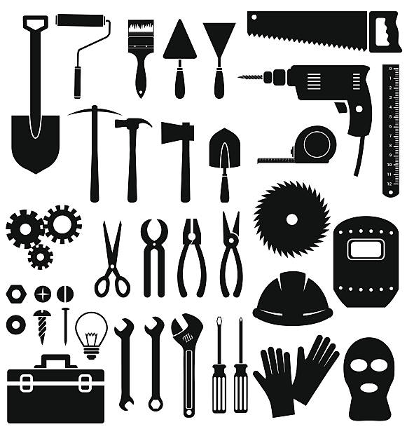 ilustraciones, imágenes clip art, dibujos animados e iconos de stock de icono de herramientas sobre fondo blanco - wrench ruler screwdriver hammer
