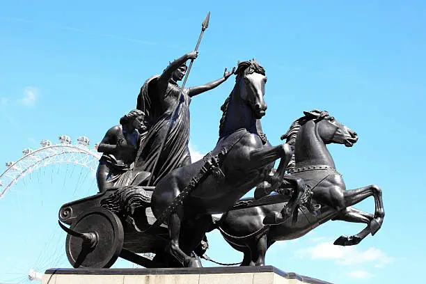 Queen Boudica’s (Boudicea) statue stands at the north end of Westminster Bridge. London, England, UK,  Boudica the queen of the British Iceni tribe of Norfolk led an uprising against the Roman occupation in AD61