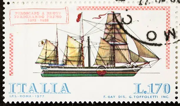 ITALY  CIRCA 1977: a stamp printed in Italy shows image of  Paddlesteamer Ferdinando Primo (Italian Royal Navy). Italy, circa 1977