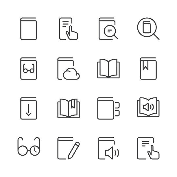 Literature and e-reading icons set 1 | Black Line series Set of 16 professional and pixel perfect icons ready to be used in all kinds of design projects. EPS 10 file. magnifying glass book stock illustrations