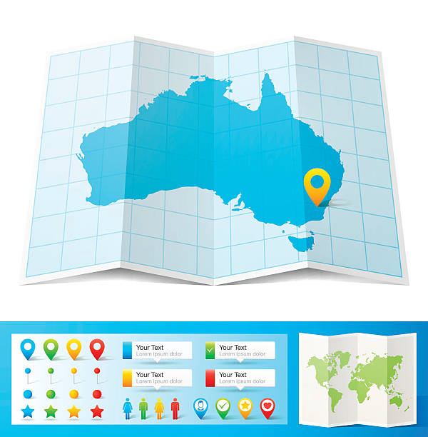 australia map with location pins isolated on white background - 堪培拉 插圖 幅插畫檔、美工圖案、卡通及圖標