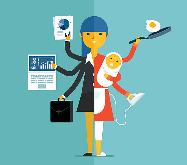Super Mother businesswoman and mother, career and motherhood divided parent illustrations stock illustrations