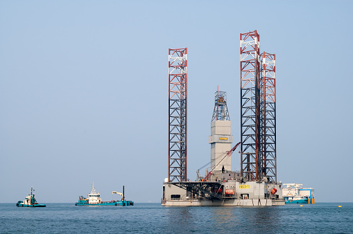 Harlingen, Netherlands - August 7, 2004: Part of offshore gas exploration rig in Wadden Sea in the north of the Netherlands