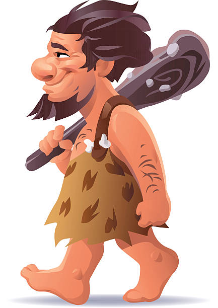 ilustraciones, imágenes clip art, dibujos animados e iconos de stock de caveman con un club sobre su hombro - garrote