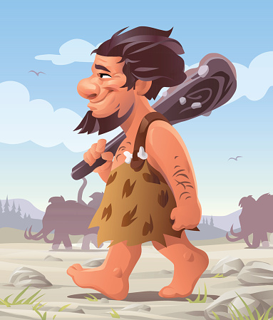 A cute smiling caveman with a beard walking on a plain carrying a big club over his shoulder. In the background are mammoths, hills and woods, and a cloudy sky. 