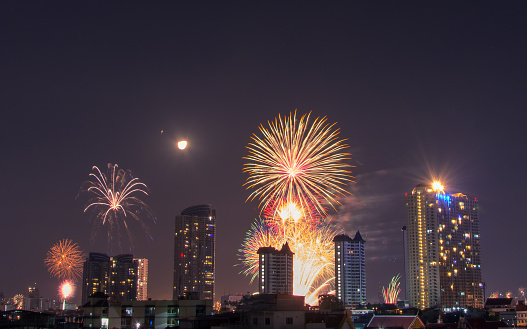 Happy new year fireworks in Bangkok,Thailand.