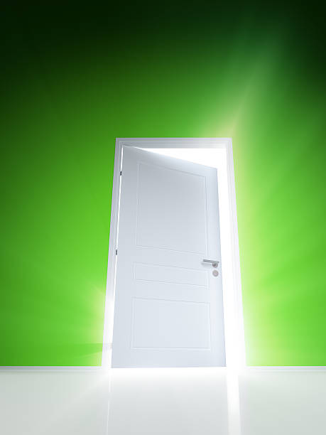 istock Open white door with rays of light on green wall 503542026