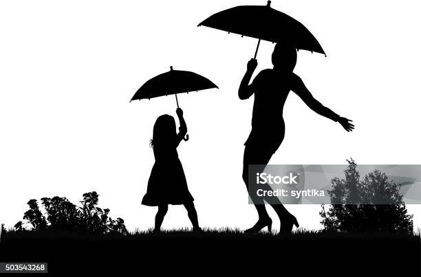 Silhouettes Under The Umbrella Stock Illustration - Download Image Now - In Silhouette, Girls, Baby Girls
