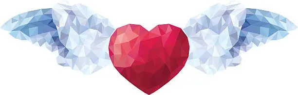 Vector illustration of Heart with angel wings in style of triangular low poly