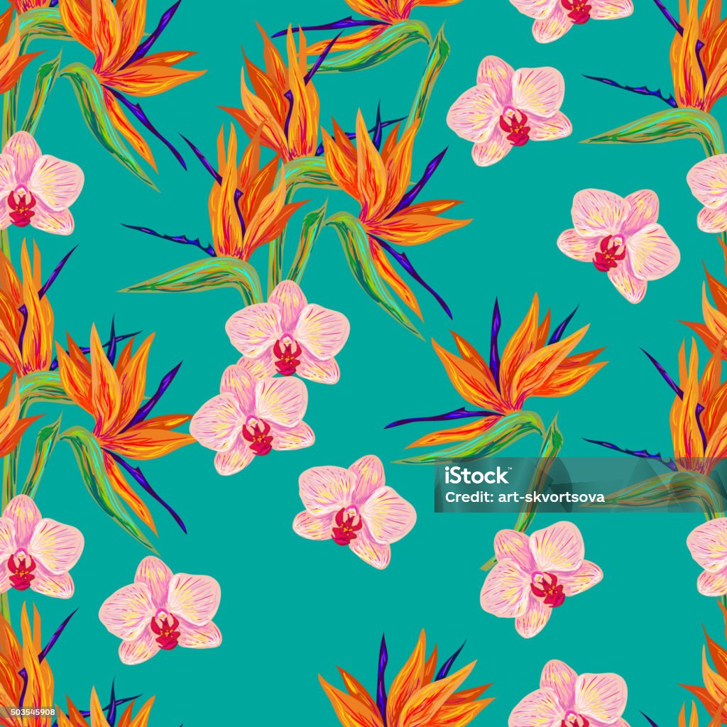 Seamless summer pattern with orchid and bird flower Seamless summer pattern with orchid and bird of paradise flowers vector background. Perfect for wallpapers, pattern fills, web page backgrounds, surface textures, textile Animal Markings stock vector