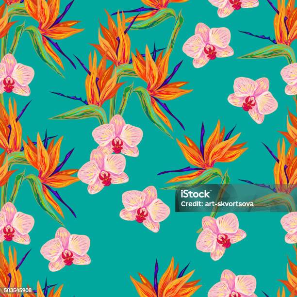 Seamless Summer Pattern With Orchid And Bird Flower Stock Illustration - Download Image Now