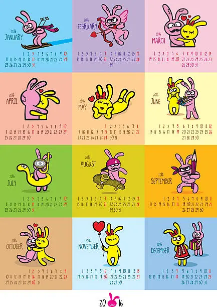 Vector illustration of Calendar 2016. Rabbits. Magnet refrigerator