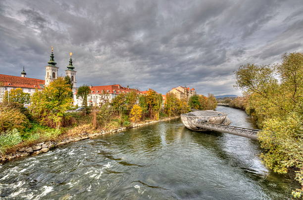 Artificial island on the Mur river in Graz