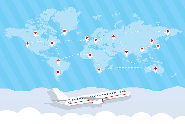 세계지도 및 항공기 - airplane commercial airplane airport arrow sign stock illustrations