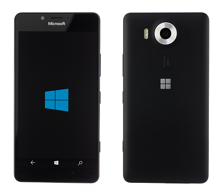 Varna, Bulgaria - December 10, 2015: Cell phone model Microsoft Lumia 950 has 20 MP camera, Microsoft Windows 10 os,,Wireless charging and Iris scanner . Announced 2015, October