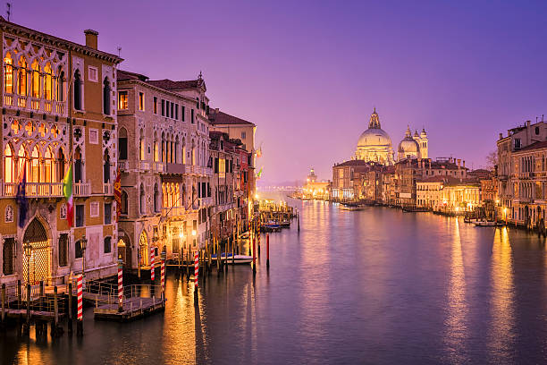 Grand Canal and Santa Maria della Salute in Venice The Grand Canal and Santa Maria della Salute in Venice at night, Italy (View from Accademia Bridge). The Grand Canal is a canal in Venice, Italy. It forms one of the major water-traffic corridors in the city. Public transport is provided by water buses and private water taxis, and many tourists explore the canal by gondola. grand canal venice stock pictures, royalty-free photos & images