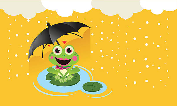 Frog in the snow with umbrella vector art illustration